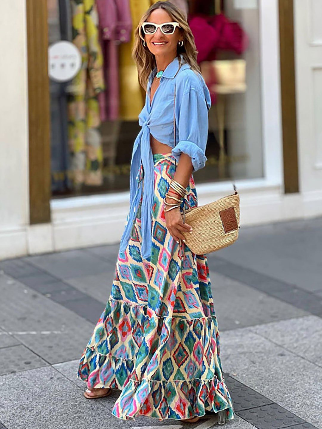 Blue Geometric Printed Flared Maxi Skirt