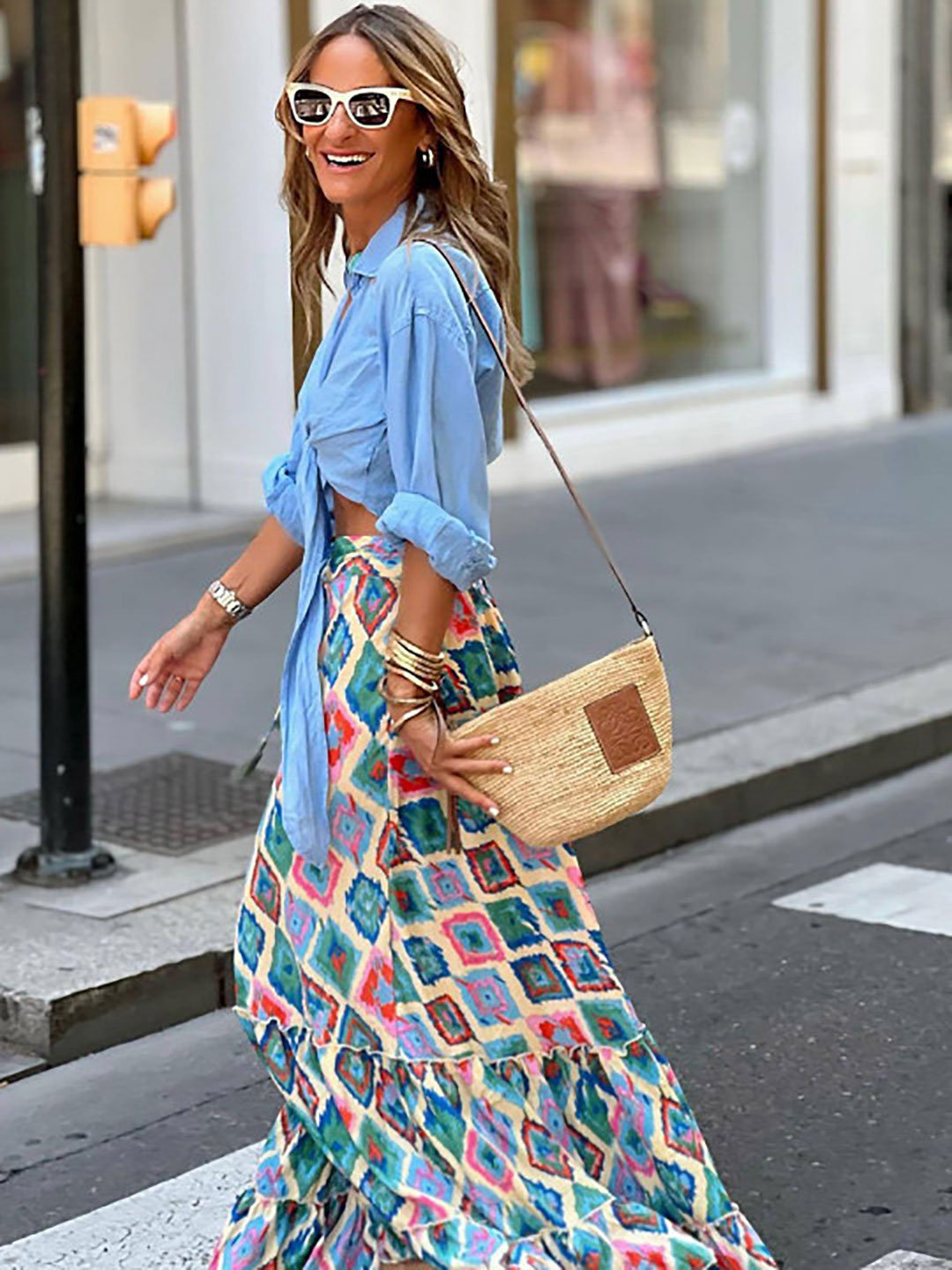 Blue Geometric Printed Flared Maxi Skirt