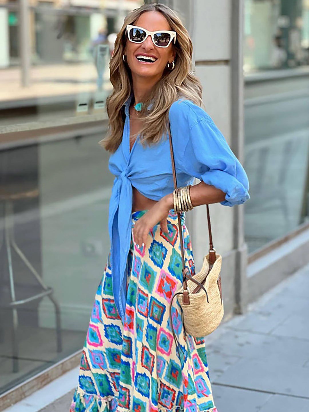 Blue Geometric Printed Flared Maxi Skirt
