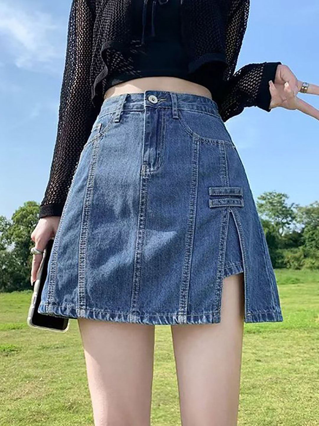 Blue Denim Pure Cotton A-Line Mini Skirts