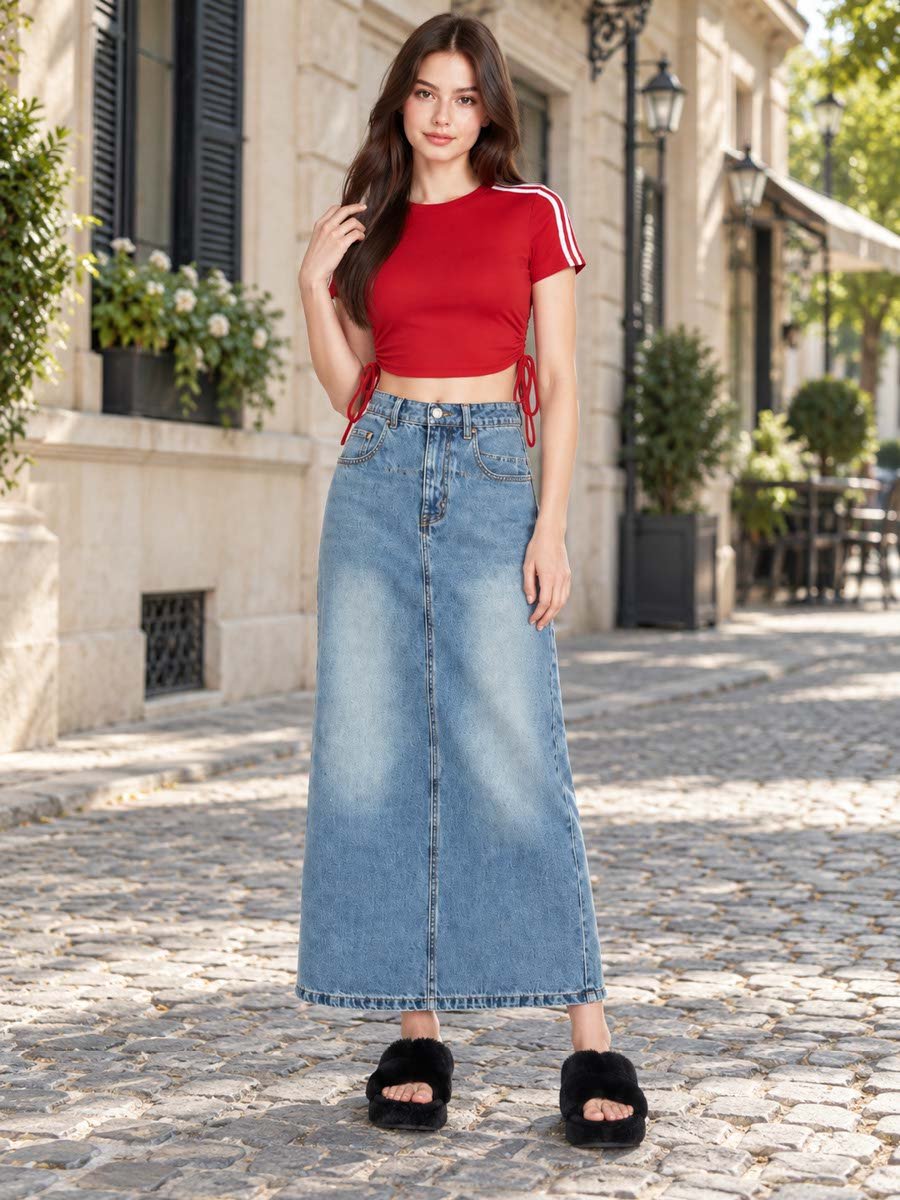 Blue A-Line Denim Maxi Skirt