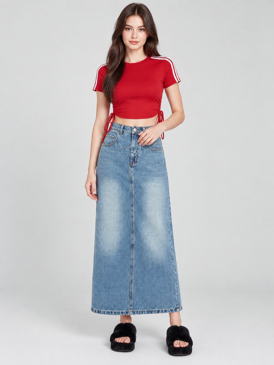Blue A-Line Denim Maxi Skirt
