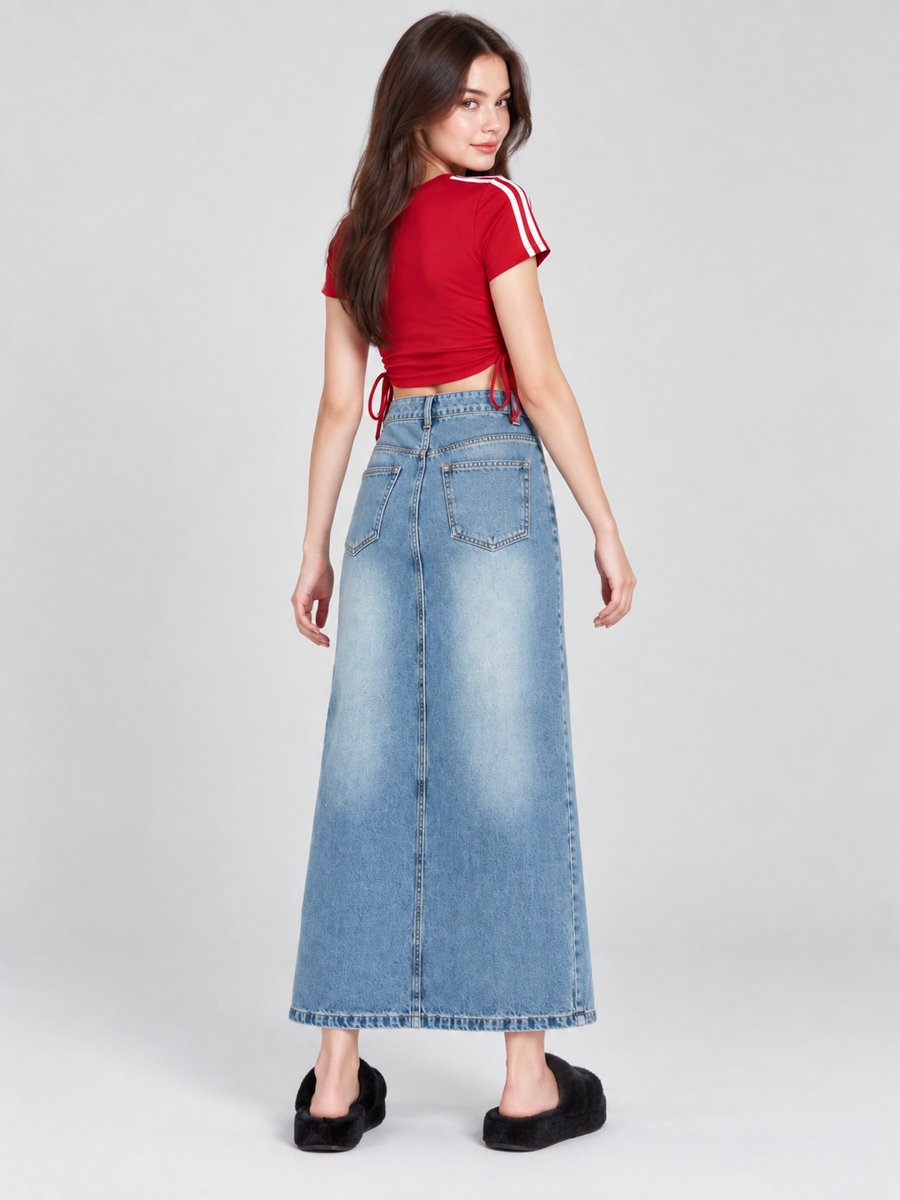 Blue A-Line Denim Maxi Skirt