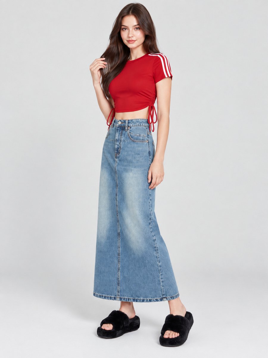 Blue A-Line Denim Maxi Skirt