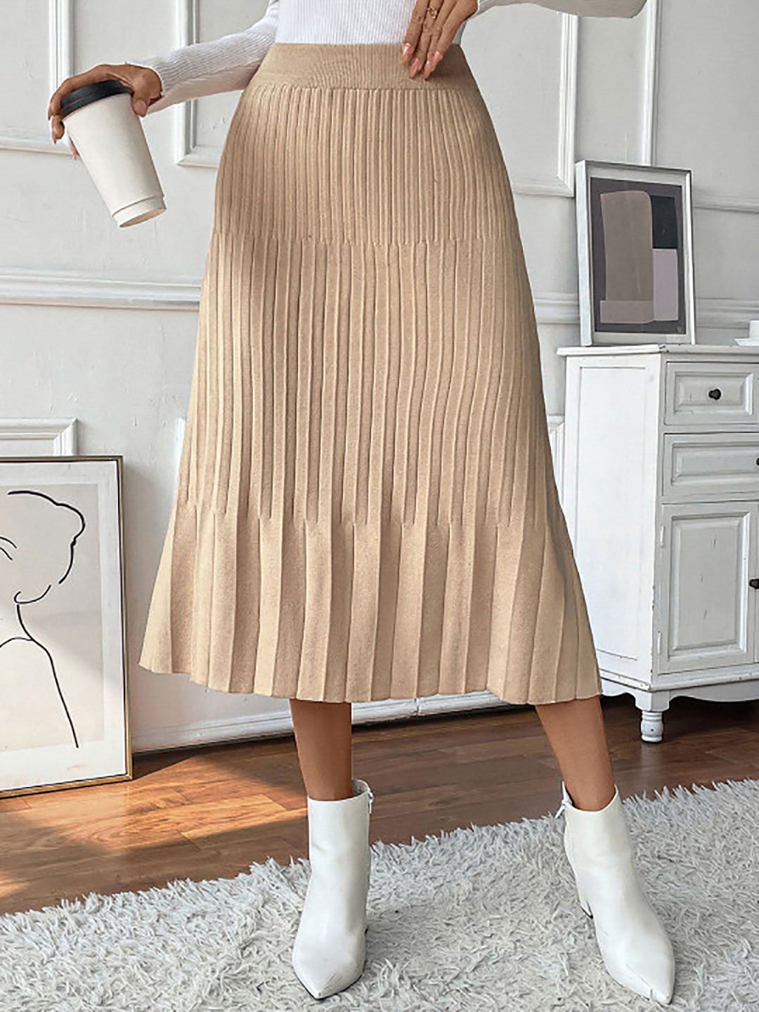 Women Beige Front Slit Denim Midi Skirt For Women at UAE | Styli