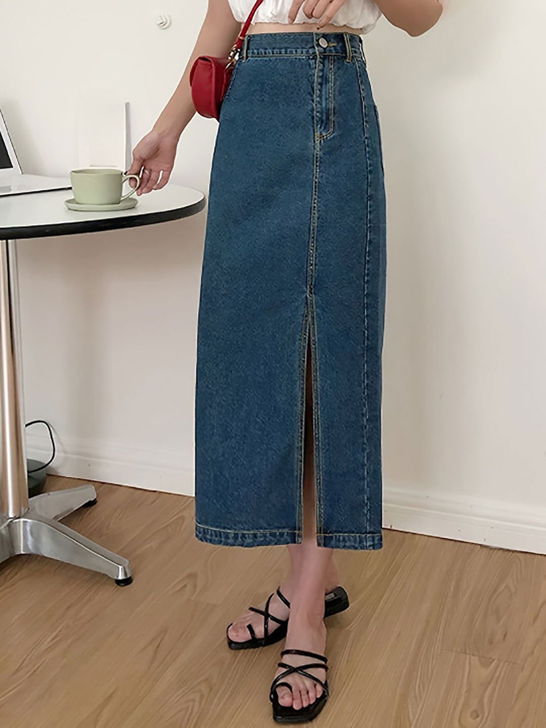 Blue Denim A-Line Midi Skirts