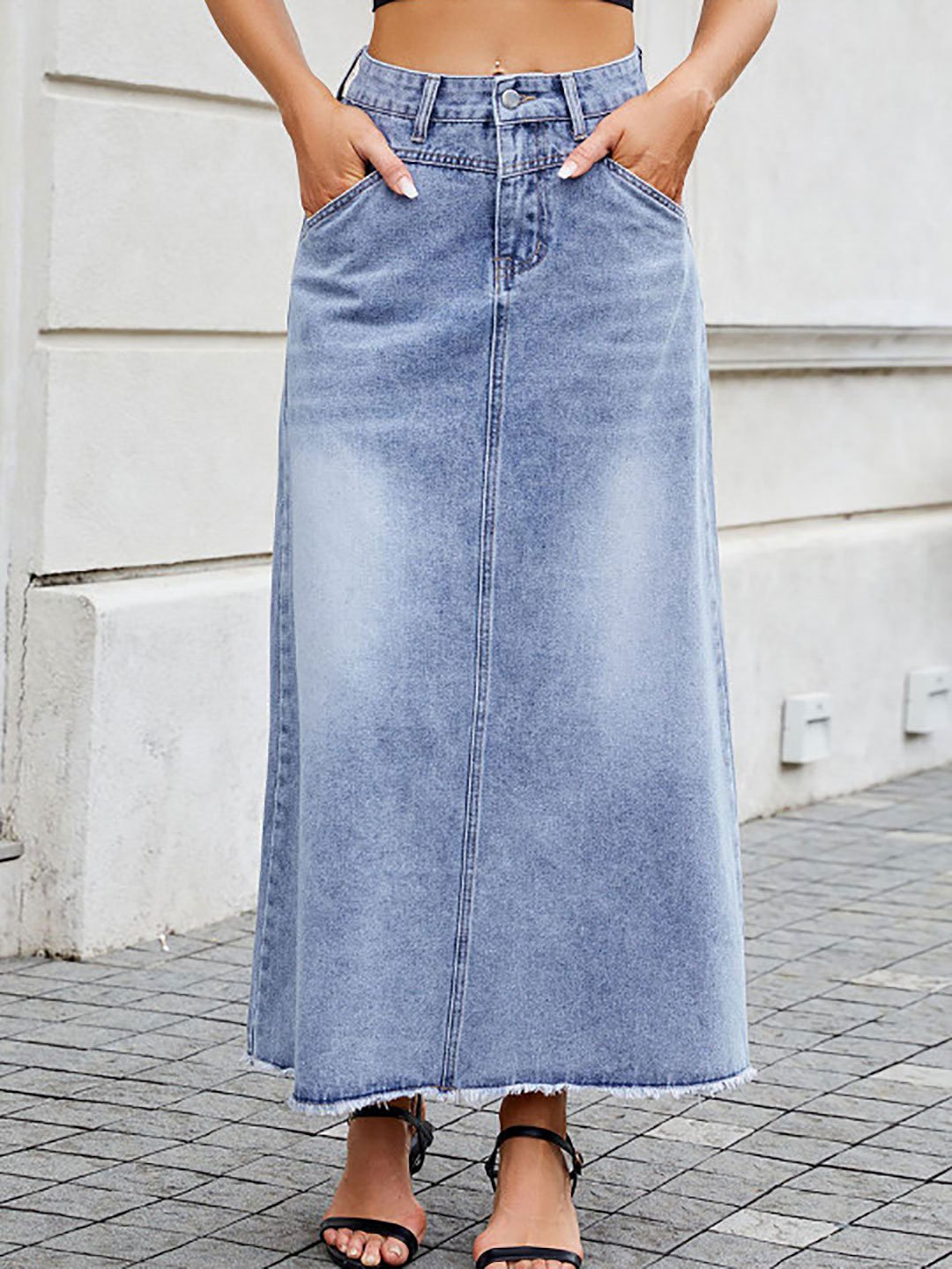 Light Blue Denim Cotton A-Line Maxi Skirt