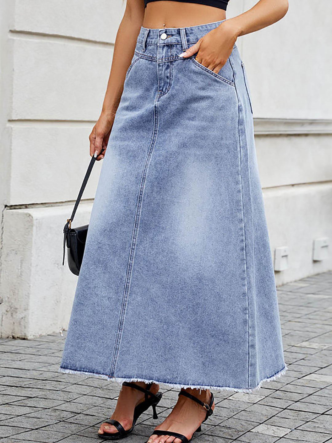 Light Blue Denim Cotton A-Line Maxi Skirt