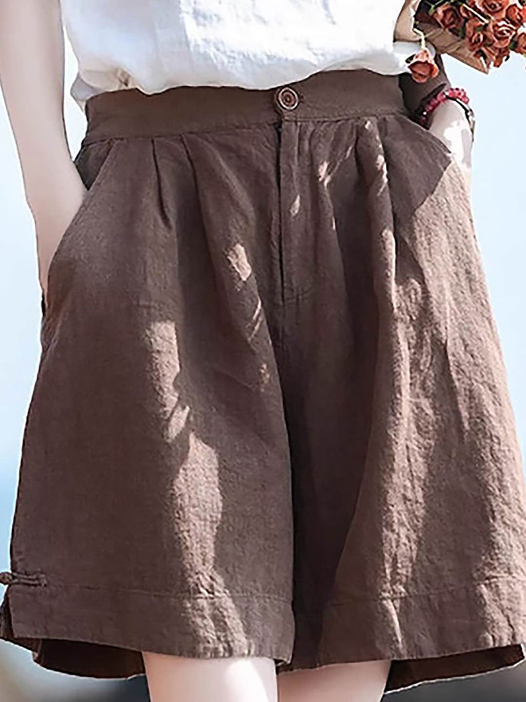 Brown Solid Cotton Shorts