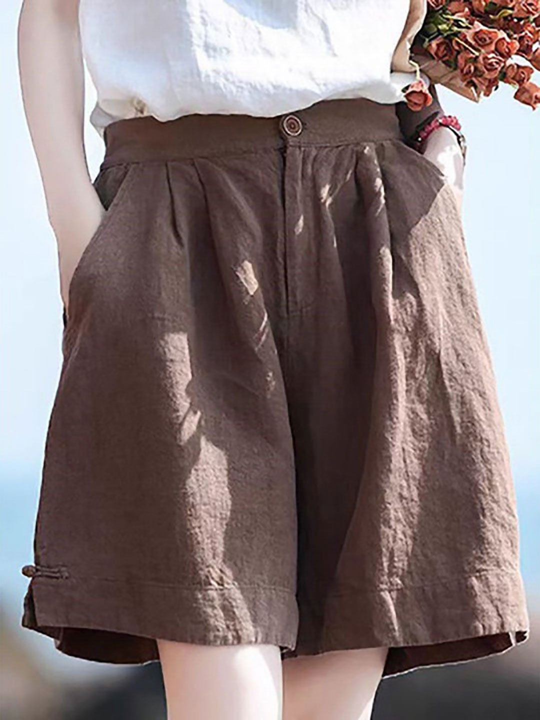 Brown Solid Cotton Shorts
