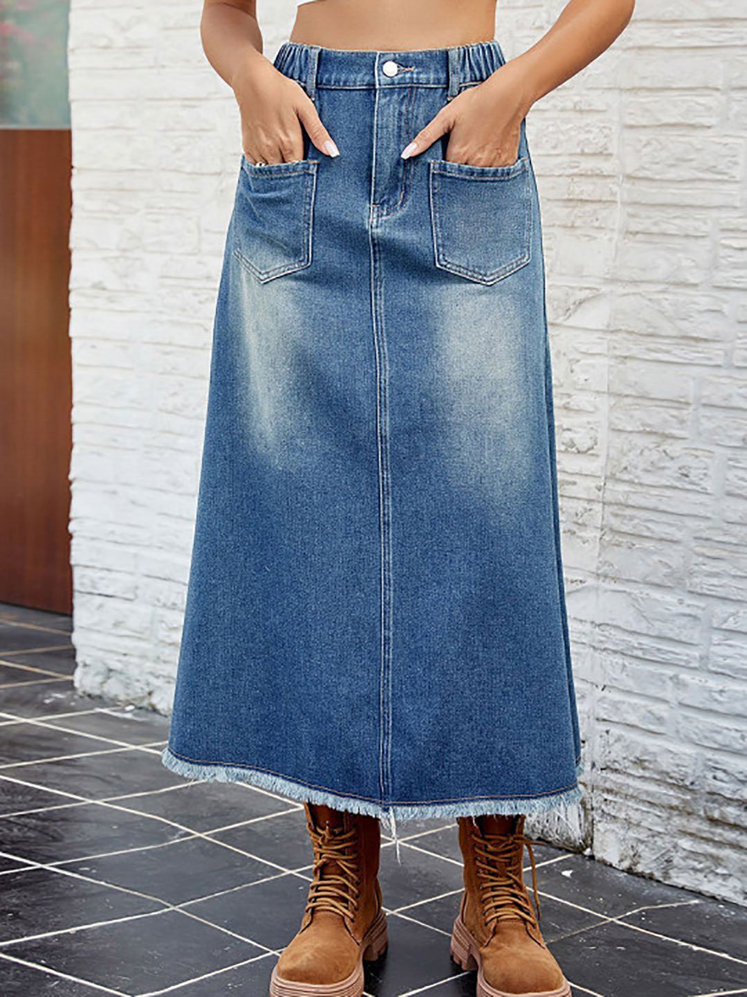 Blue Denim A-Line Midi Skirt