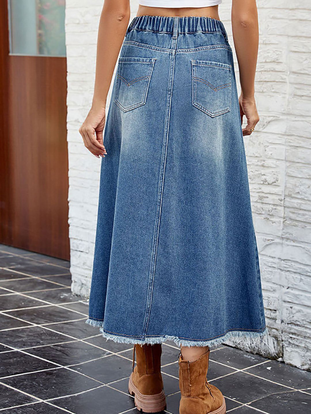 Blue Denim A-Line Midi Skirt