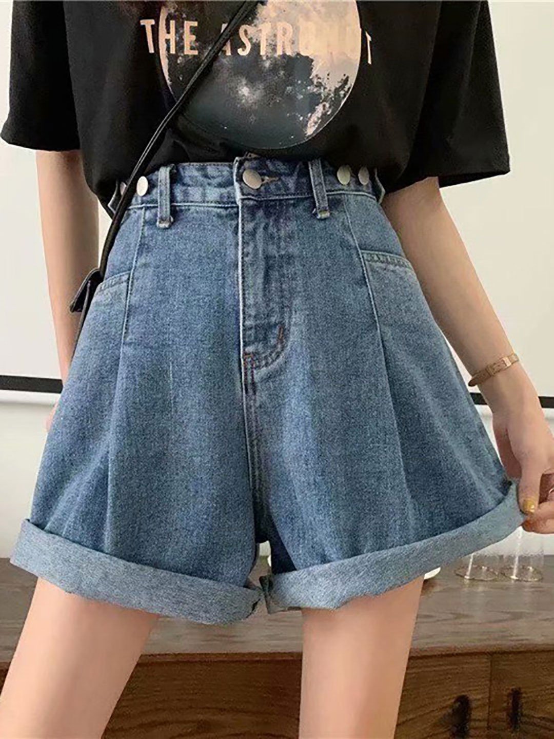 Blue Loose Fit High Rise Denim Shorts