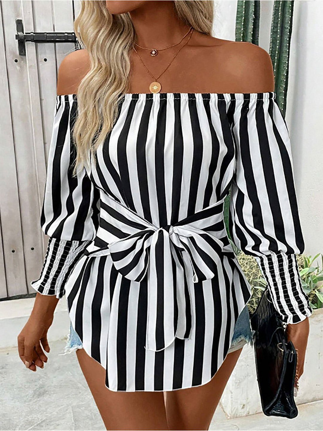 Striped Off-Shoulder Tie-Waist Top