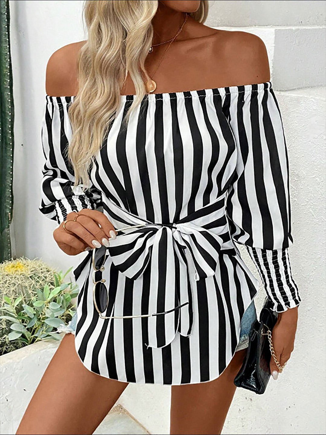 Striped Off-Shoulder Tie-Waist Top