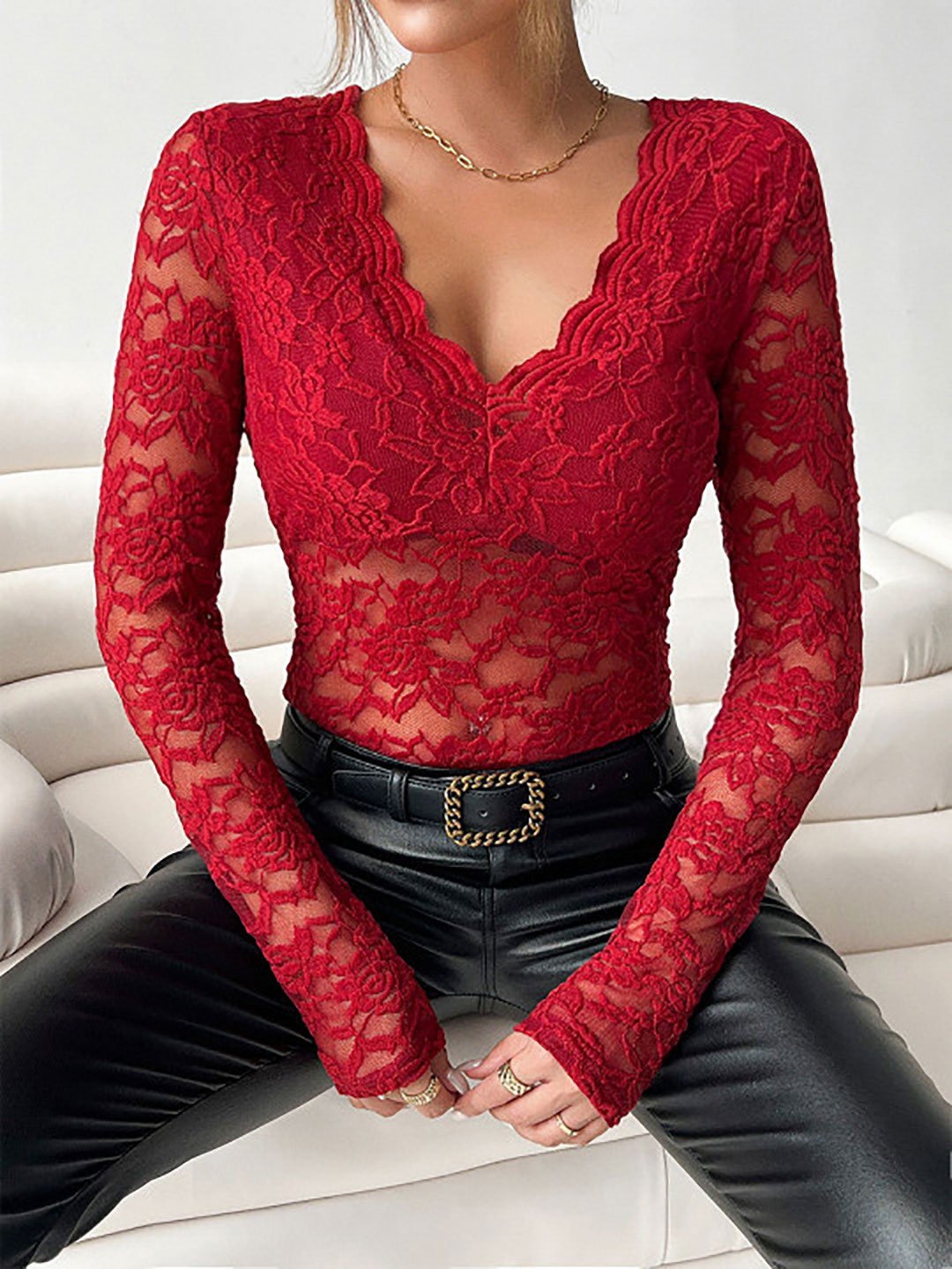 Red Lace Long Sleeve Top