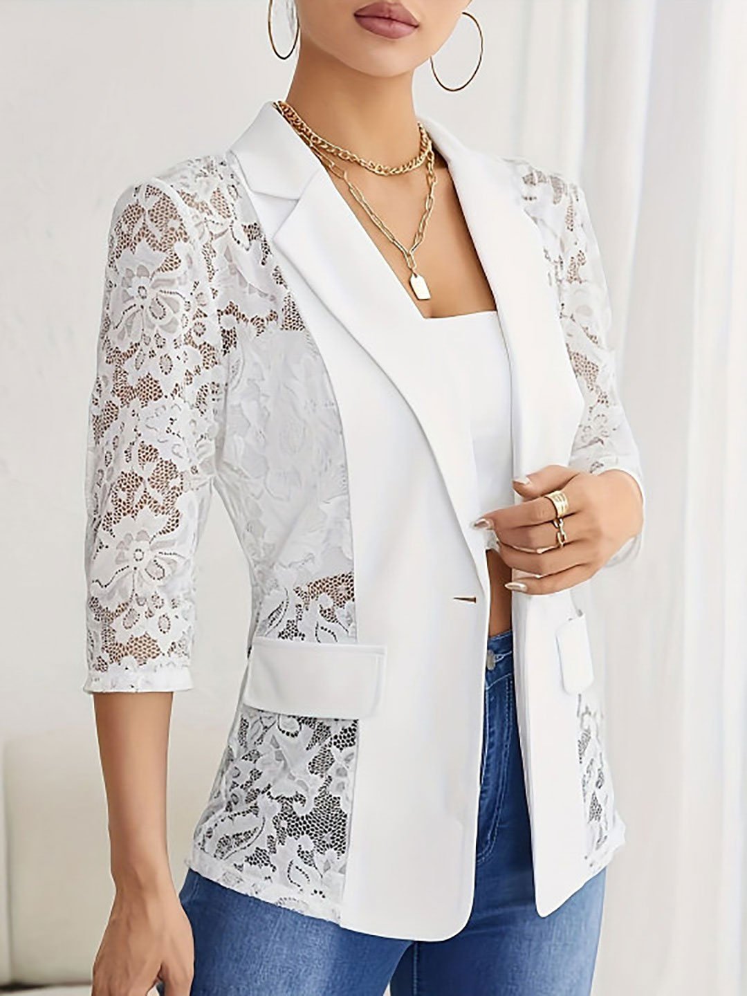 White Solid Lace Notch Lapel Shrug