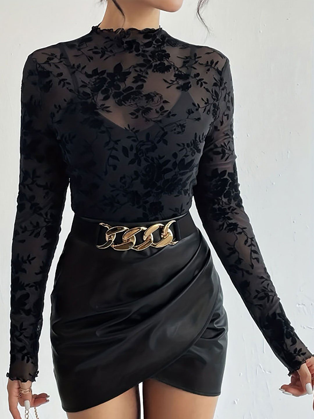 Black Floral Sheer Long Sleeve Top