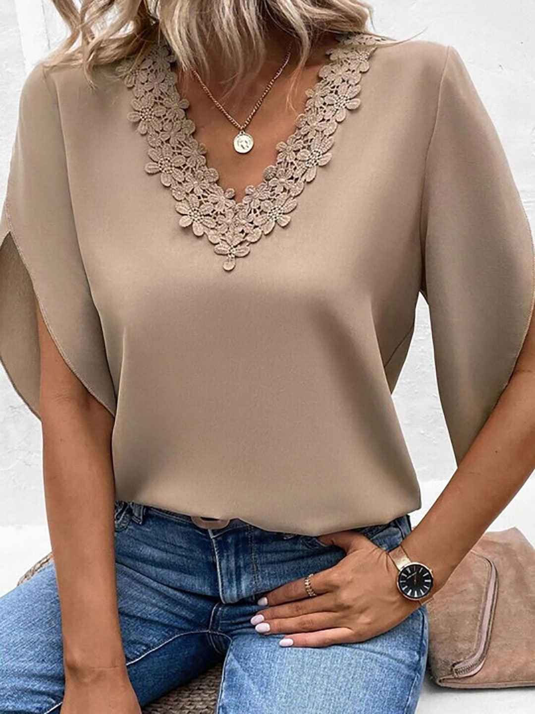 Beige Lace V-Neck Short Sleeve Top