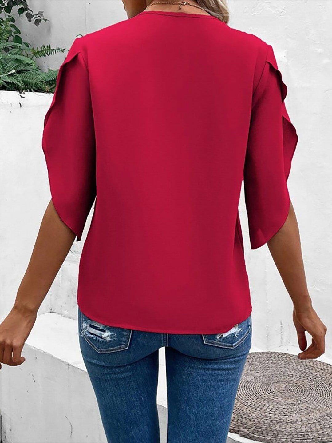 Red Lace Trim Top with 3/4 Sleeve