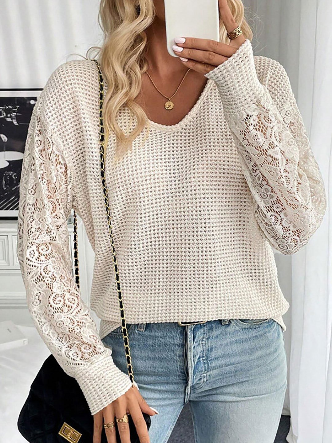 Cream Lace Sleeve V-Neck Top