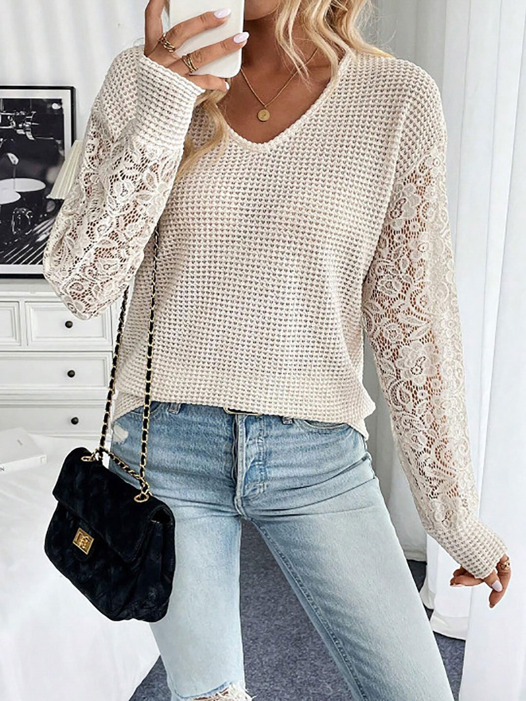 Cream Lace Sleeve V-Neck Top