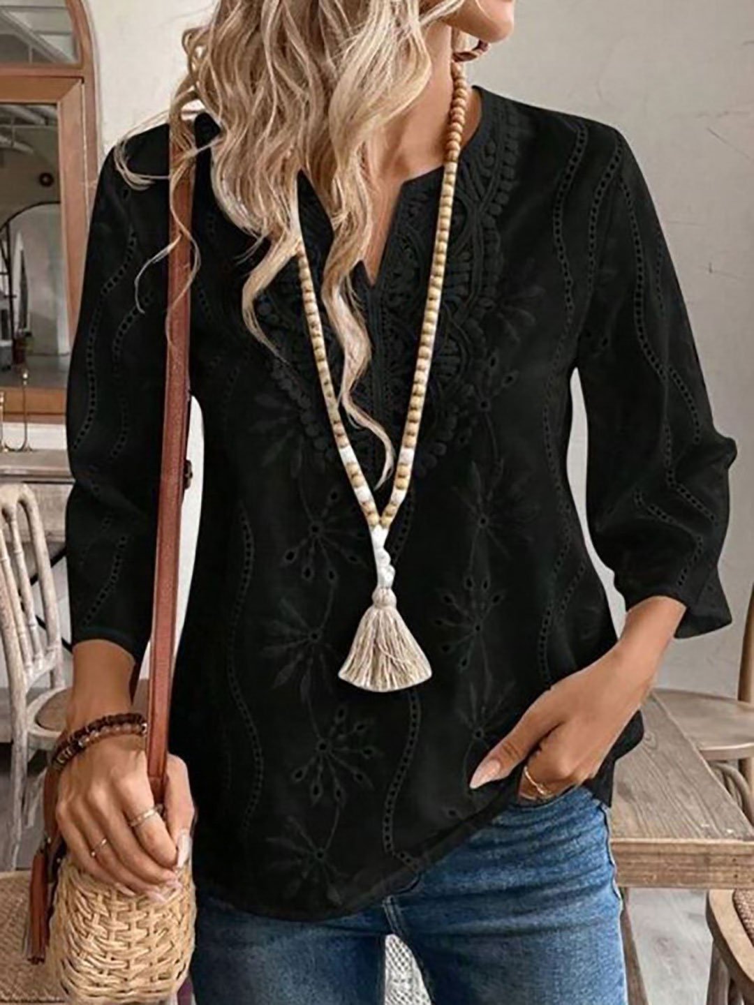 Black Eyelet Top with 3/4 Sleeve