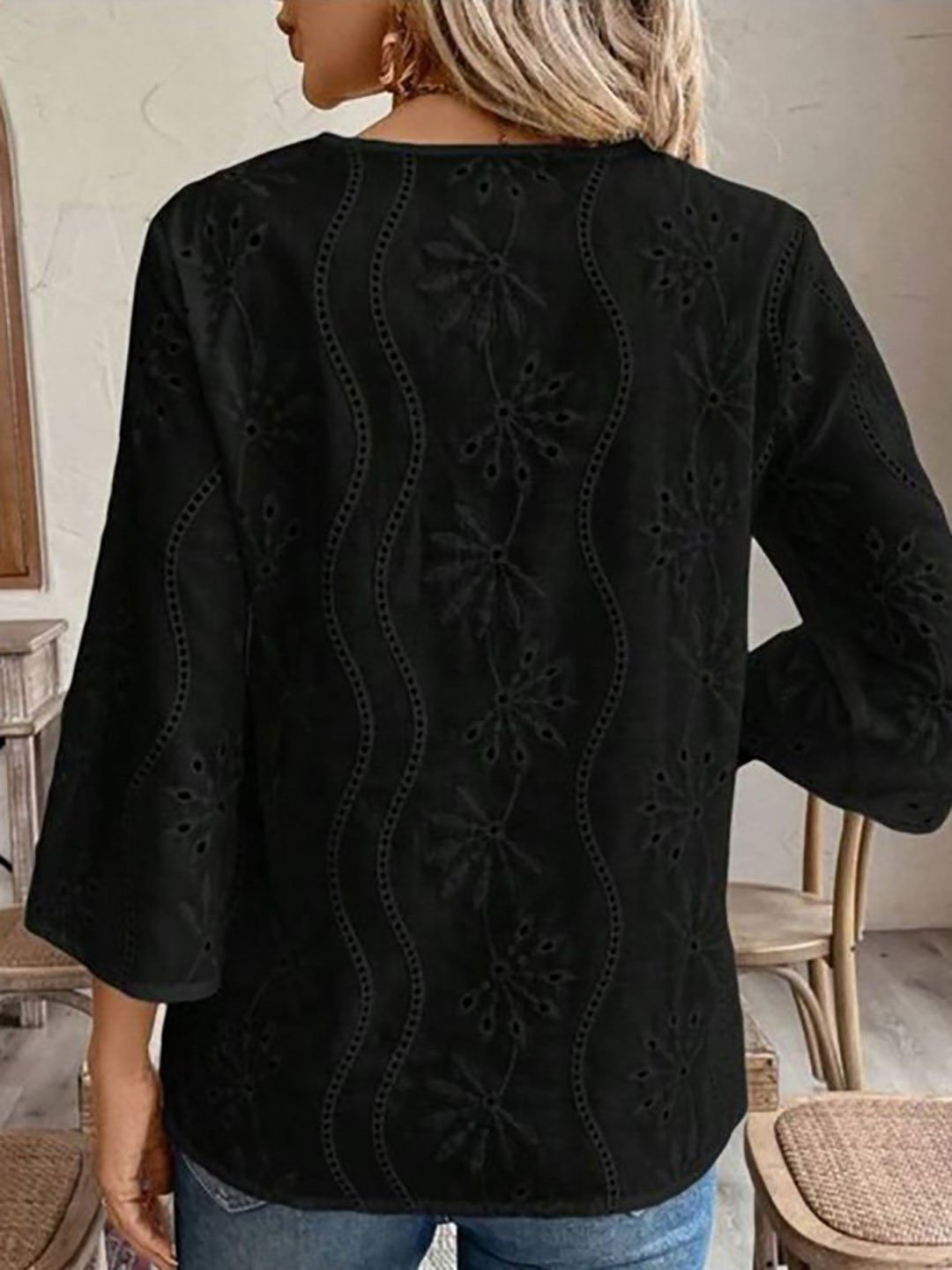 Black Eyelet Top with 3/4 Sleeve