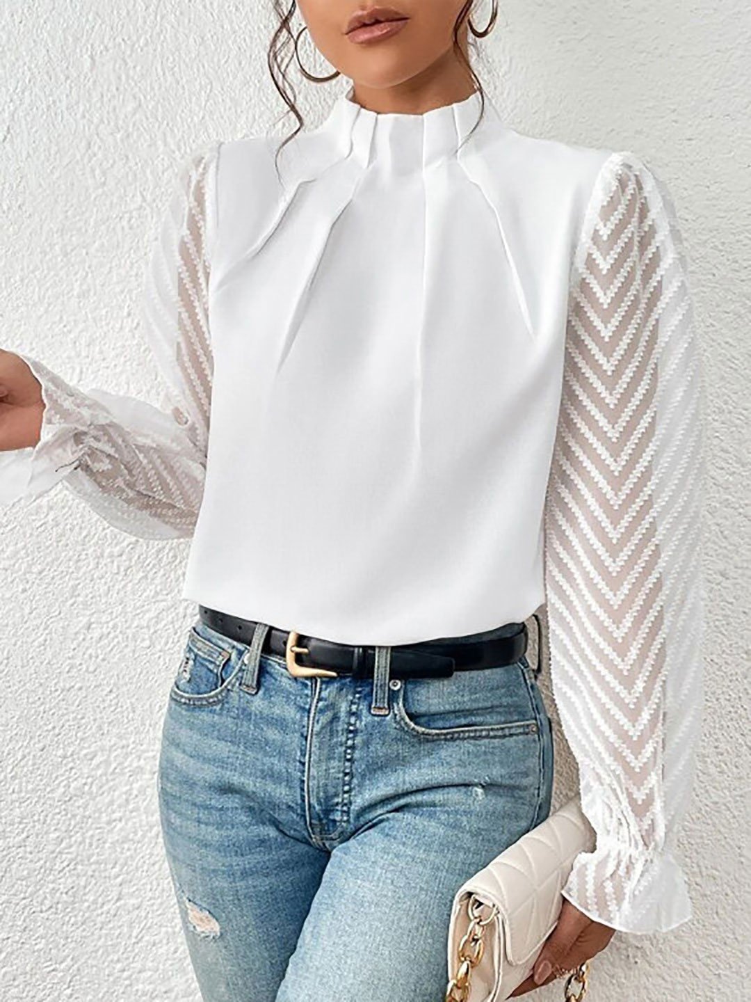White Long Sleeve Pleated Blouse