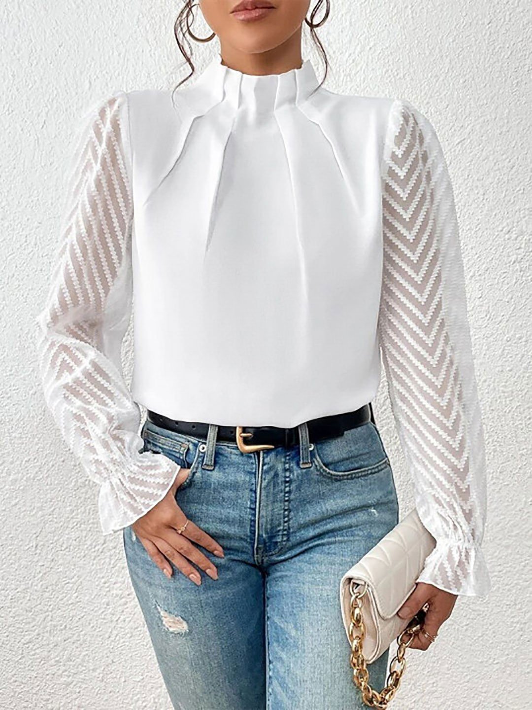 White Long Sleeve Pleated Blouse
