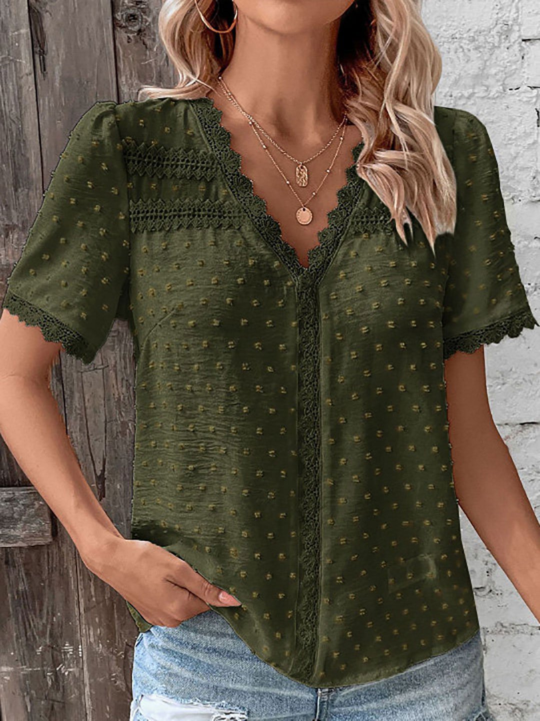 Green Textured V-Neck Top with Lace Trim