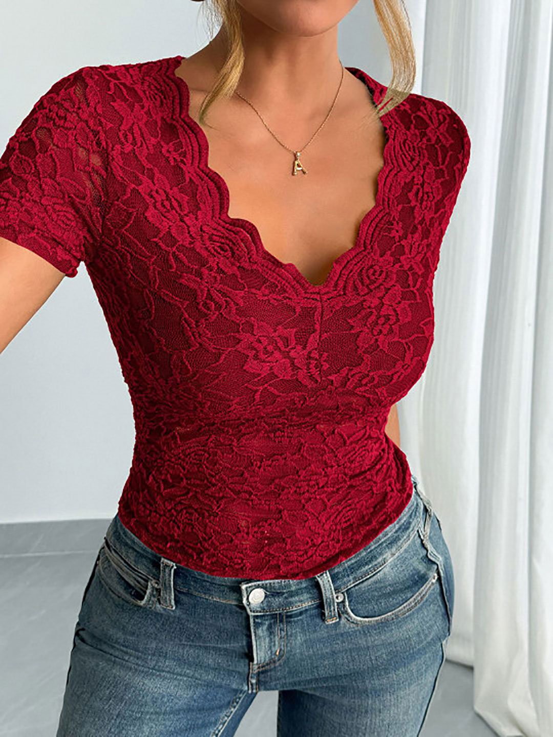 Red Lace V-Neck Fitted Top