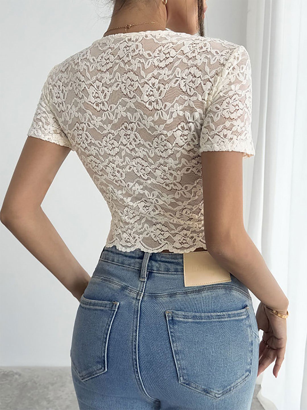 White V-Neck Short Sleeves Lace Tops
