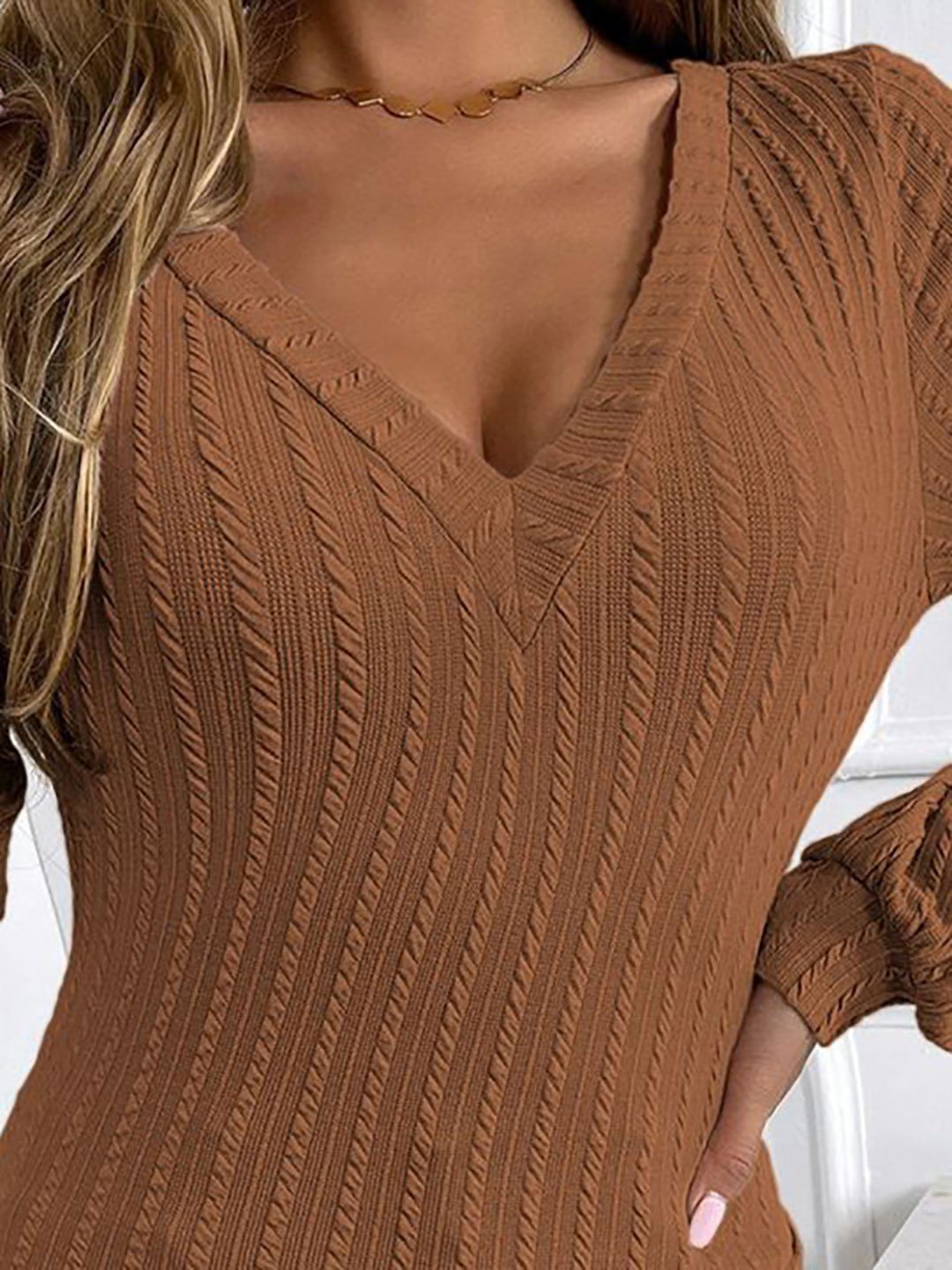 Brown Textured Knit Long Sleeve Top
