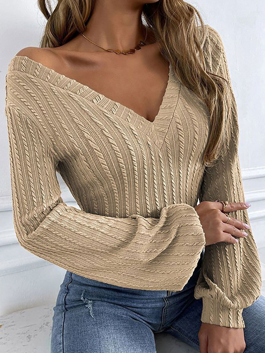 Beige V-Neck Long Sleeve Knit Top