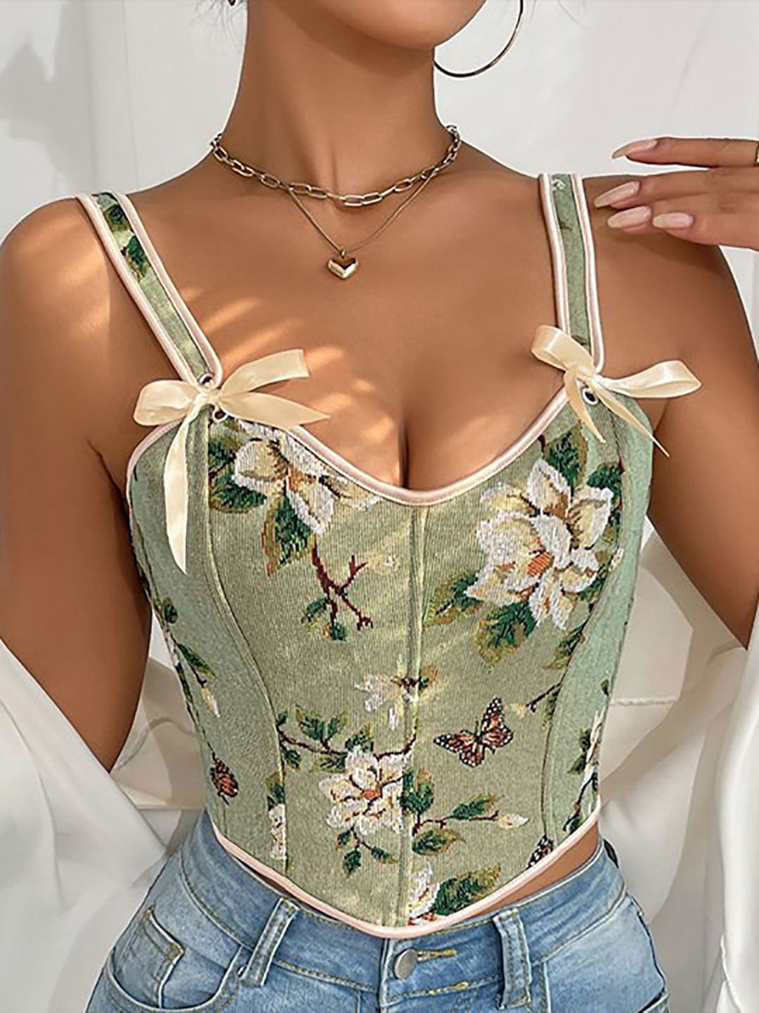 Green Floral Embroidered Strappy Corset Top