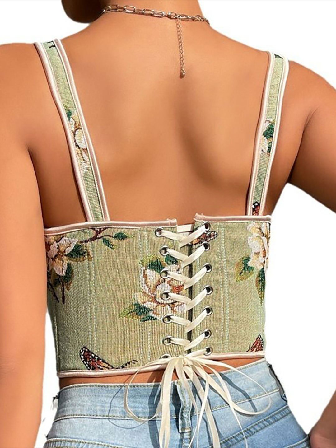 Green Floral Embroidered Strappy Corset Top