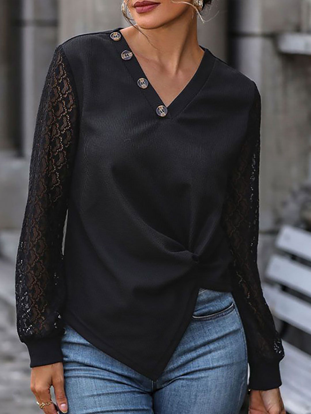  Black Lace Long Sleeves Top