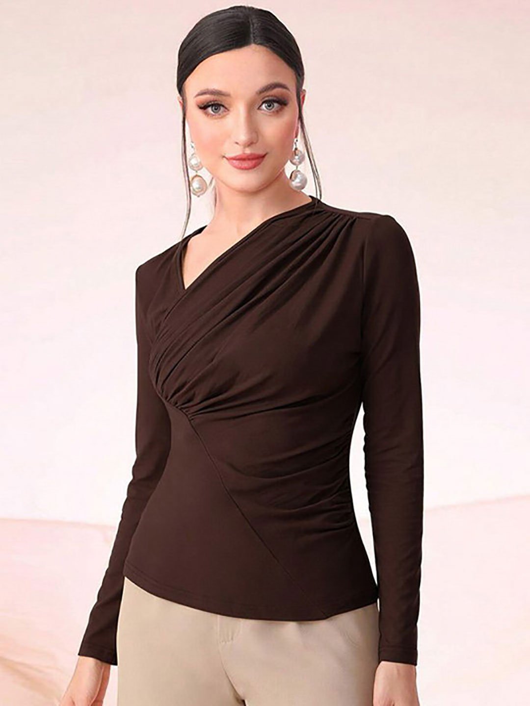 Brown Asymmetric Neck Fitted Top