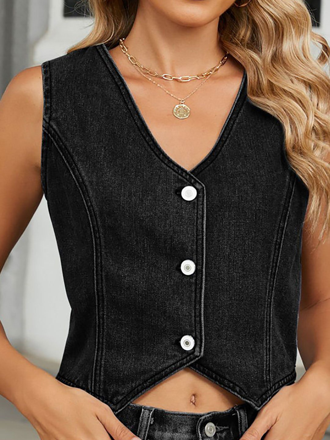 Black Sleeveless Denim Vest Top