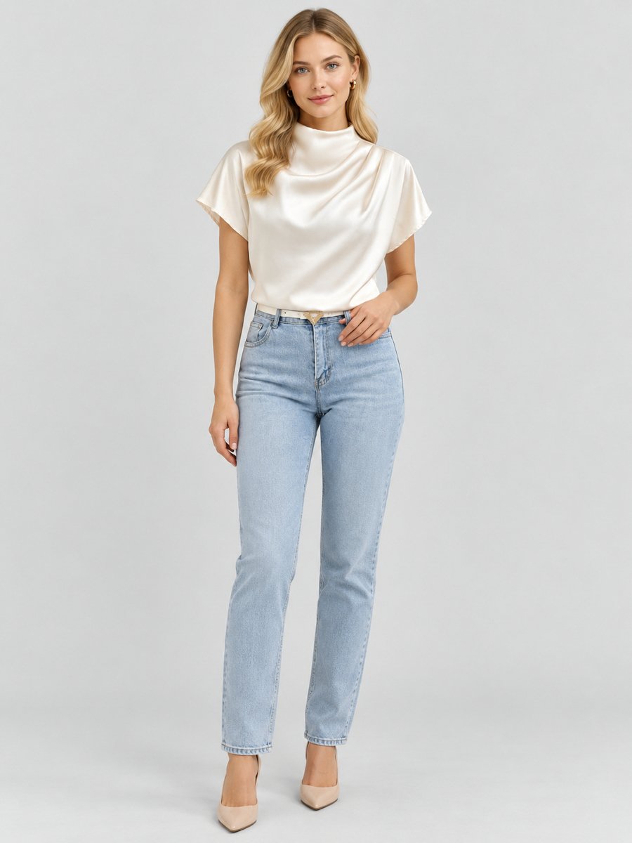 White Mock Neck Short Sleeve Top