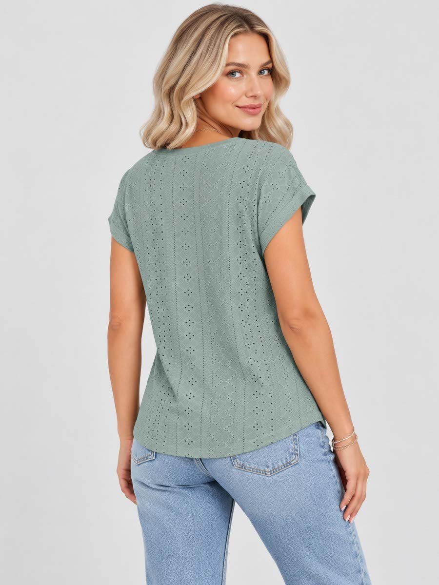 Green Lace Trim Short Sleeve Top