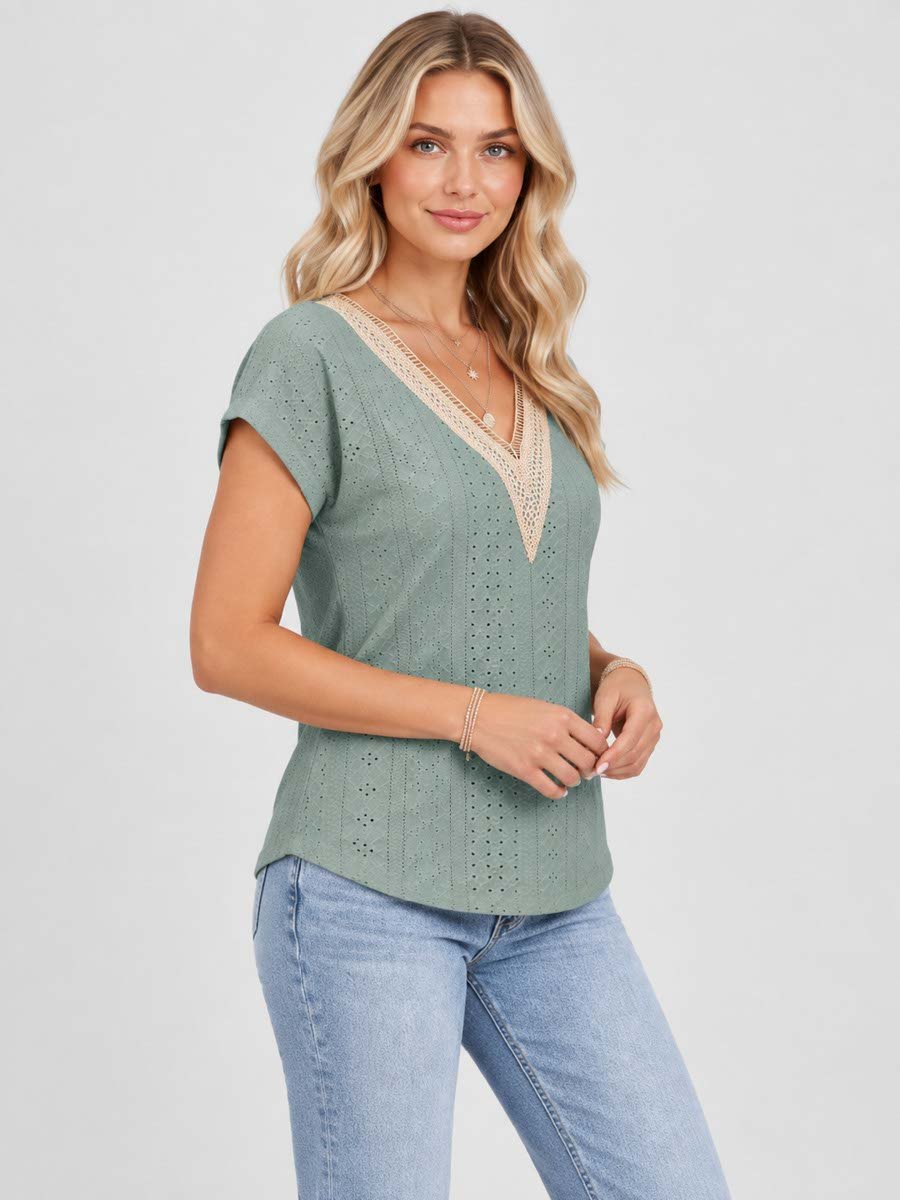 Green Lace Trim Short Sleeve Top