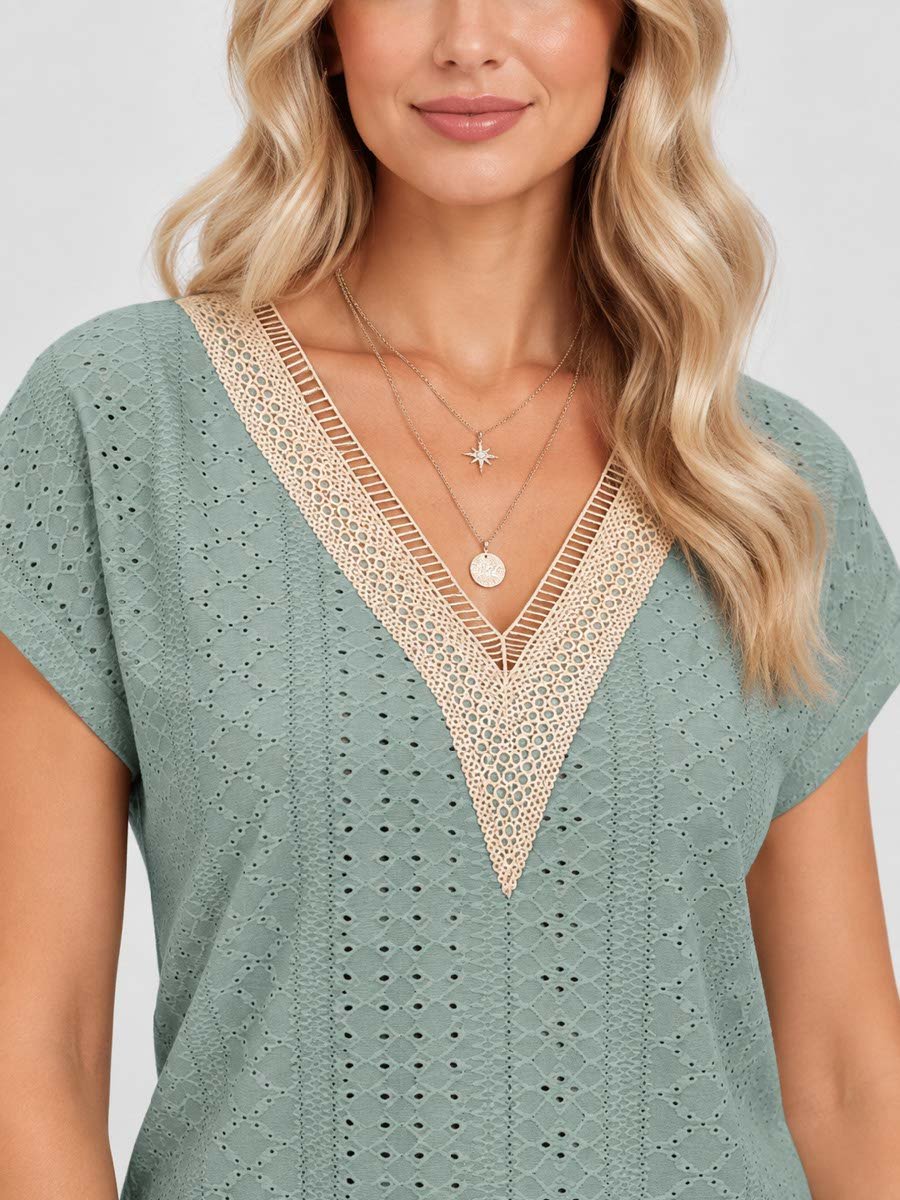 Green Lace Trim Short Sleeve Top