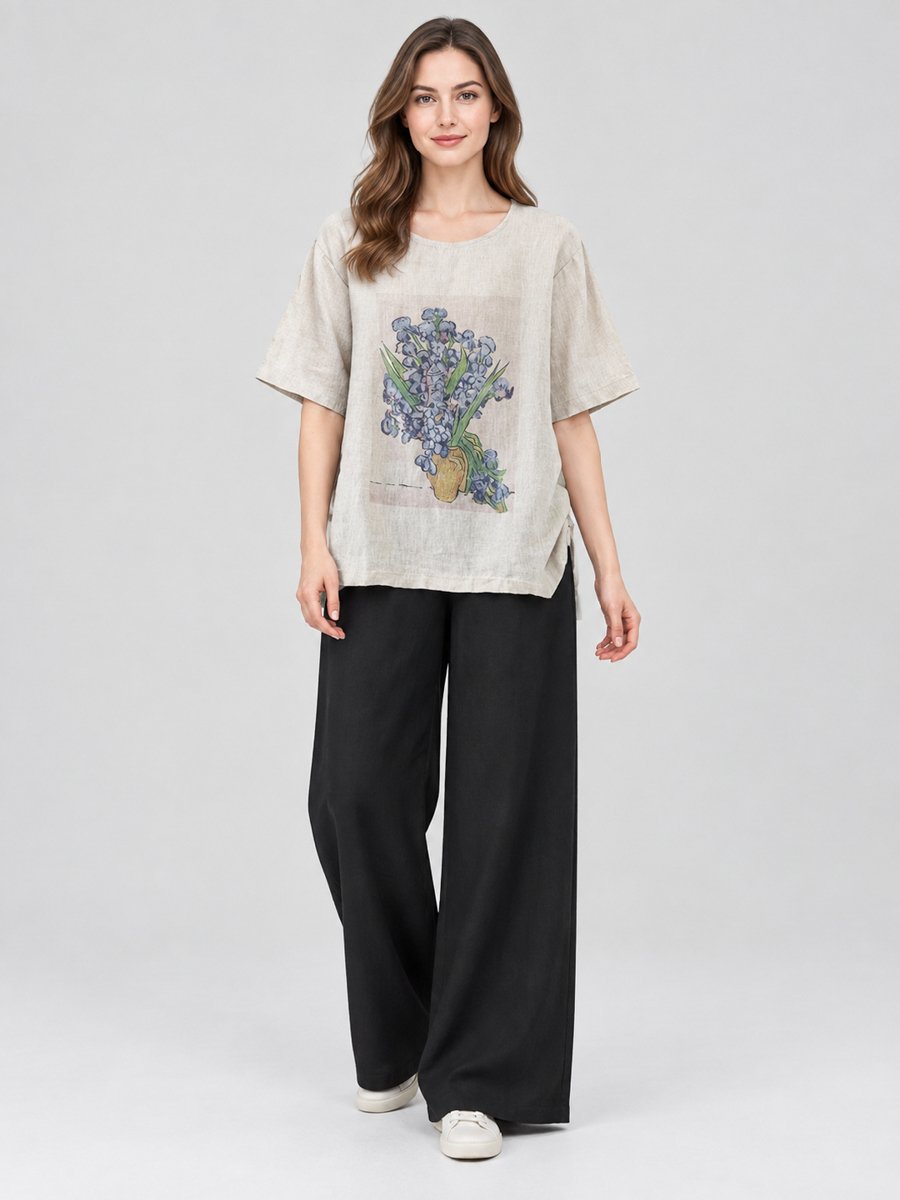 Beige Floral Print Linen Top