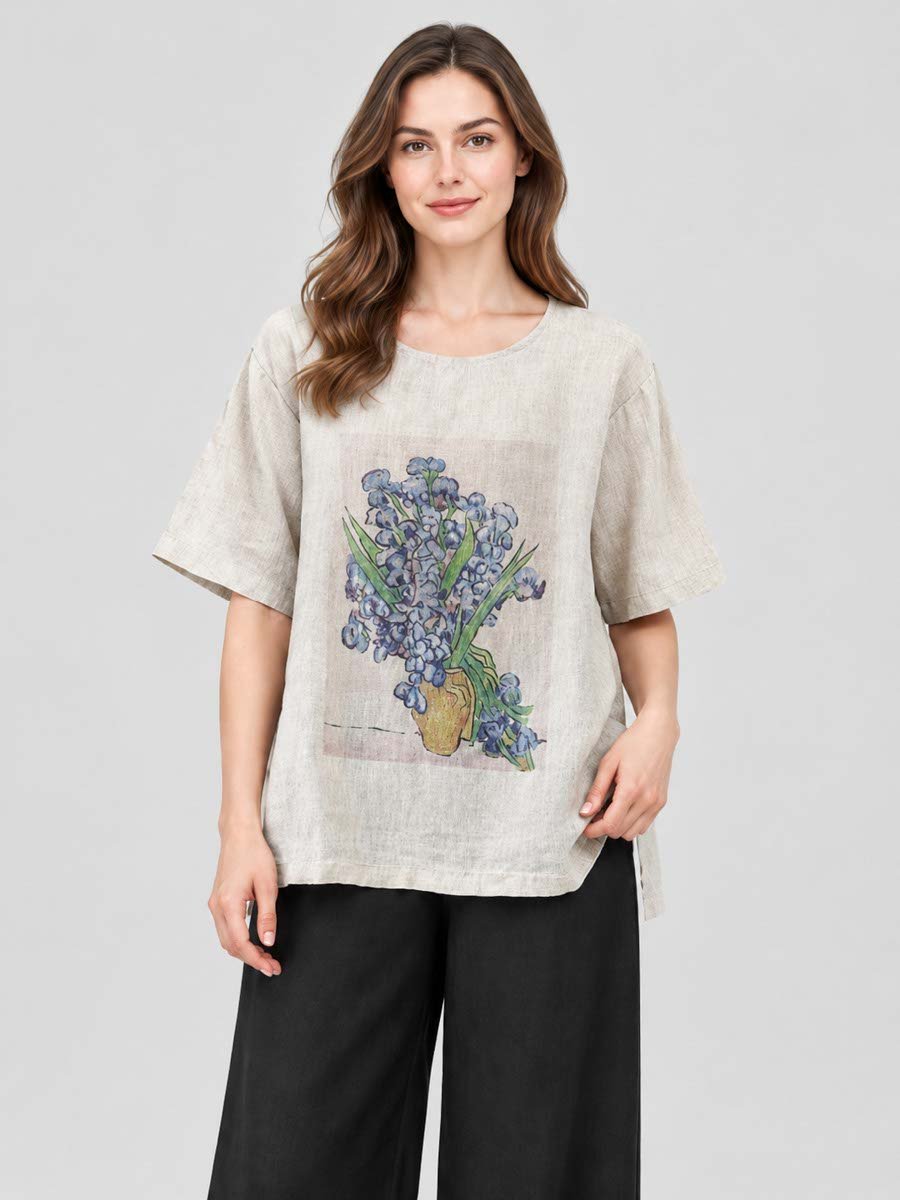 Beige Floral Print Linen Top
