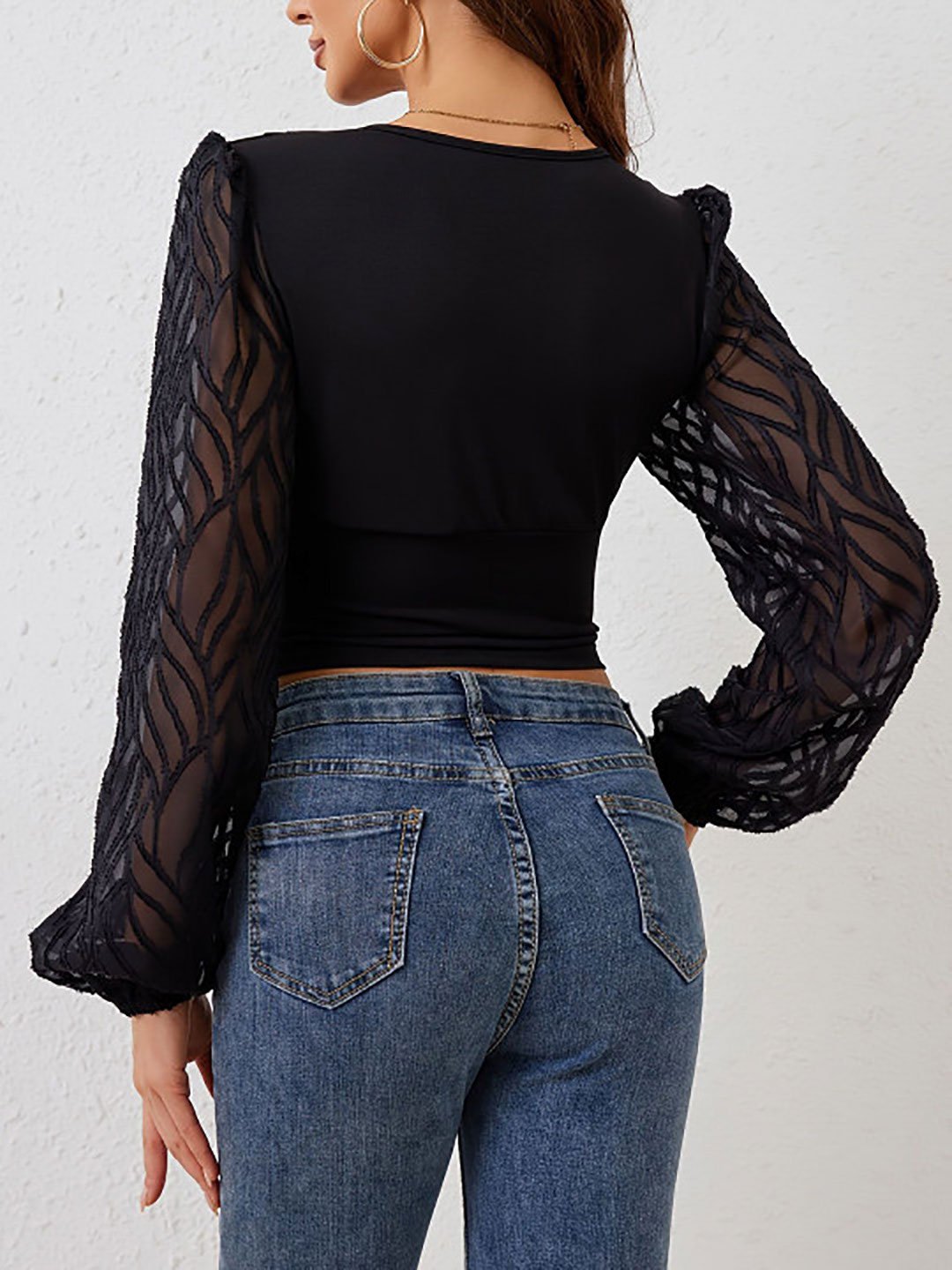 Black Textured Long Sleeve Crop Top