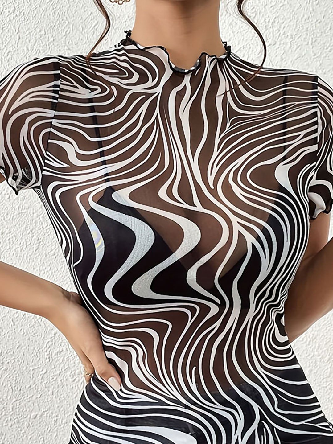 Black Animal Print Short Sleeve Top