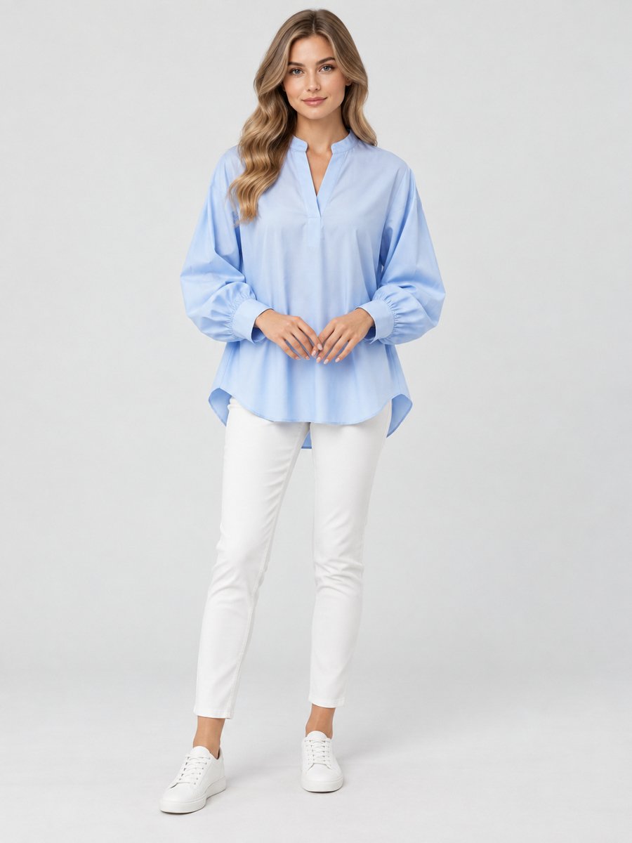 Blue Button-Back Top with 3/4 Sleeve