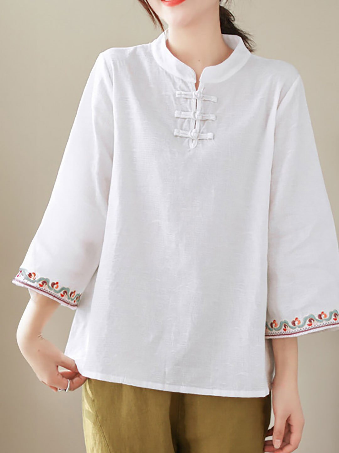 White Embroidered Mandarin Collar Top with 3/4 Sleeve